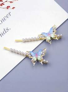 2 Stücke Frauen bezaubernde Kunstperlen Legierung bunte Schmetterling Haarspangen, Pony Seitenhaarspangen, geeignet für Kleider, Alltags-Outfits, Haarstyling Dekorative Accessoires - elegant, süß