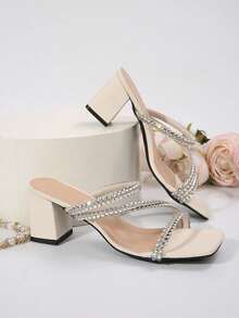 Fairy Style Square Toe Chunky Heel Sandals For Women, Multi-Strap Rhinestone Decoration High Heels, Fashion Versatile Suitable For Date, Shopping, Party, Gathering, Commuting, Business - Beige - View 6