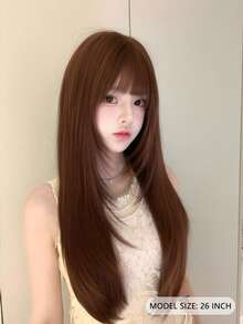 26 Inch Burnt Orange Straight Wig With Full Bangs - American Style Dirty Rust Copper Long Hair - Heat Resistant Synthetic Fiber With Rose Net Cap - Sunset Tone For All Skin Tones (Daily & Party) - Dirty Orange - View 2