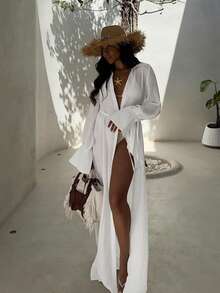 Women's Vacation Casual Minimalist Sexy Regular-Shoulder Long Sleeve Shirt With Lapel, Button & Tie-Up, Long Length Cover-Up - White - View 7