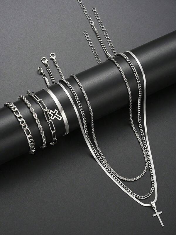 7pcs Fashion Minimalist Punk Retro Cross, Serpentine, Braided Chain Necklace Bracelet Jewelry Set For Men, Birthday, Vacation, Date, Party, Daily Wear, Couples