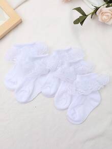 5 Pairs Girls' Double-Layer Lace Trim Ankle Socks, Practical Multipurpose