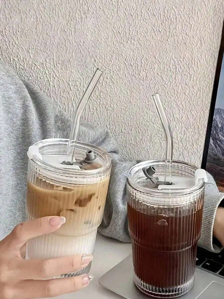 [奢华设计] 条纹竹节咖啡杯，高端隔热耐热玻璃水瓶，创意旅行杯，适合办公室和家庭使用 - 彩色 - 查看 1