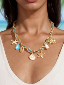 1 Pc Beach Accessories Women Braided Chain Eye Starfish Sun Charm Collar Necklace Summer Beach Holiday Jewelry