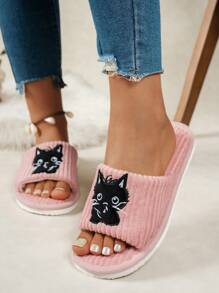 Cat Embroidered Plush Open-Toe Slippers For Women, Cute & Fashionable Indoor Slippers, Comfortable Breathable Fit For All Seasons, Suitable For Home, Bedroom, Living Room, Dorm
