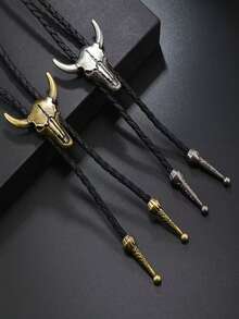 1 Stück verstellbare westliche Stierenkopf Halskette, amerikanisch-westlicher Cowboy Bolo Krawatte Kragen Charm, lässige Party Hochzeit Trauzeuge Unisex Leder Kordel Anhänger, tolle Geschenkidee für Herren Krawatte