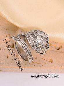 1 件复古花卉图案金属可调节男士开口戒指 - 復古銀色 - 查看 4