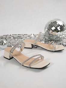 Spring/Summer Fairy-Style Square Toe Thick Heel Sandals, Fashion Versatile Multi-Strap French Crystal High Heels For Women, Suitable For Dating, Shopping, Party, Banquet, Commuting, Business - Beige - View 8