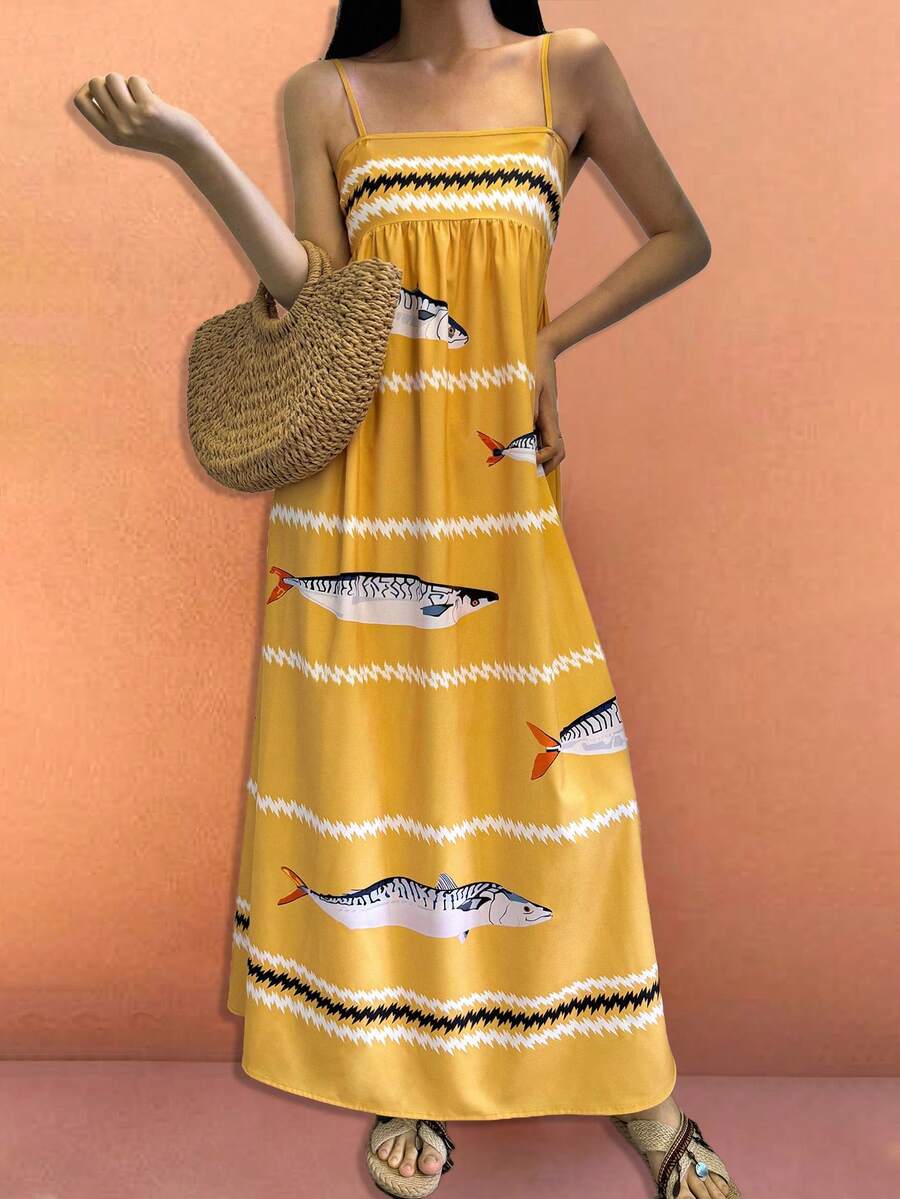 海洋星光夏季时尚休闲度假女式热带鱼闪电线印花挂脖长裙女士早午餐装 - 黃色 - 查看 1