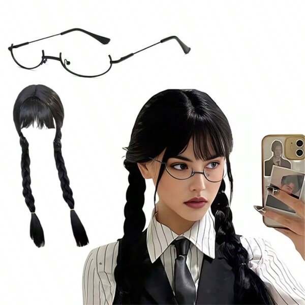 1 Pc Anime Black Wednesday Wig, Long Straight Black Woven Wig, Addams Synthetic Fiber Wig, Suitable For Girls, Suitable For Christmas, Halloween Costume Role-Playing