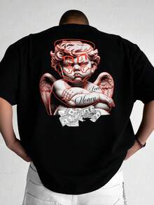 Logeqi® Playera Oversize De 100% Algodón Con Estampado Los ángeles guardan nuestro corazón DTF Camiseta Playera para Hombres con Estilo Casual y Diseño Moderno, Colores Negro, Blanco, Beige - Negro - Ver 2