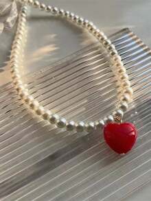 1pc Fashionable Minimalist Glass Bead Necklace With ABS Plastic Heart Charm, A Gift Or Everyday Wear - Heart Pendant Necklace - View 17