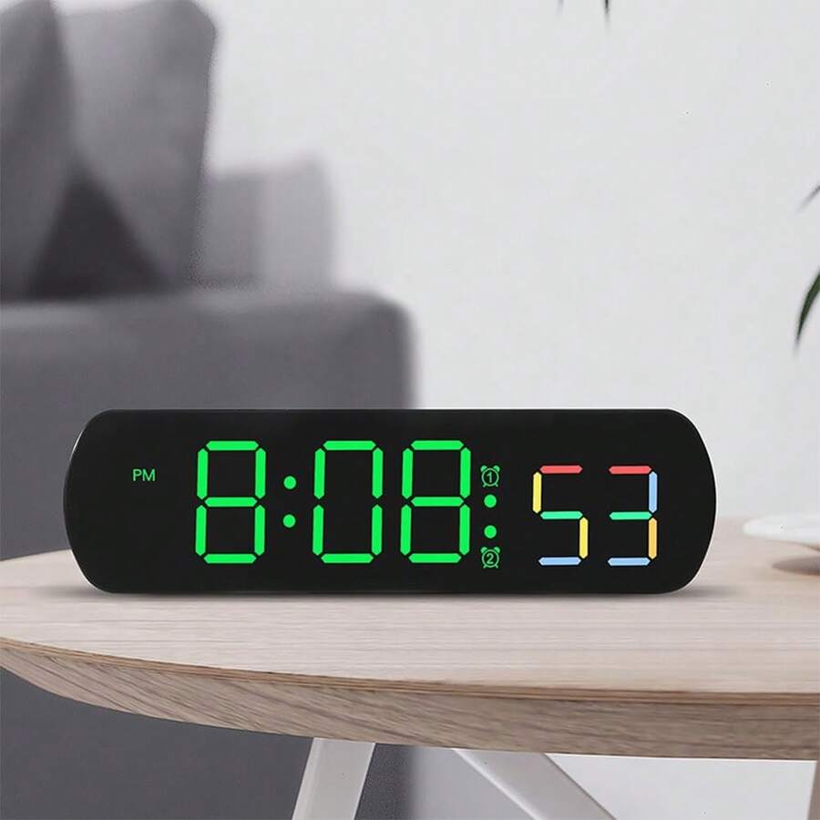 Digital Alarm Clock LED Large Display Digital Clock With Temperature, Date, Brightness Adjustable Desktop Clock For Living Room Office Classroom Gym - Black - Green Light - View 1