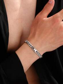 1 buah Gelang Rantai Logam Stainless Steel Desain Minimalis Tahan Pudar, Baja Titanium Tebal Gaya Vintage Modis Perhiasan Punk Cocok untuk Pria - Perak - View 6