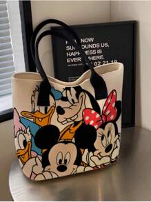 Disney قطعة واحدة (مرخصة من ديزني) حقيبة قماشية بيج بتصميم كارتوني بسيط وأنيق تضم شخصيات ستيتش وميكي ماوس وأميرات ديزني وبلوتو، حقيبة يد محمولة للبنات