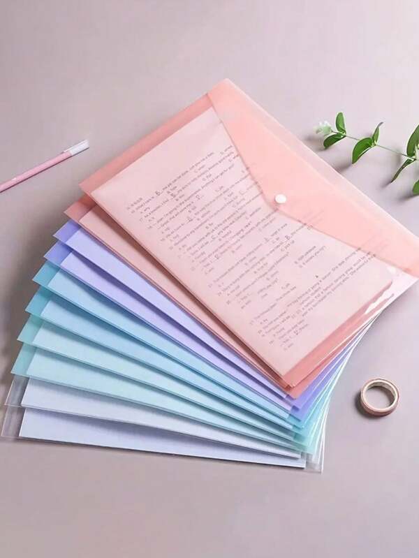 5/10pcs A4 Thickened Plastic File Folders, Transparent Snap Data Student Document Storage Bags, A4 File Folders, PP Transparent Plastic Snap Plastic File Bags, Macaron Colorful Waterproof Data Bags