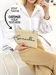 1pc Customized Women's Straw Clutch Bag, Can Customize Your Name, Bohemian Summer Beach Bag With Zipper, Wrist Strap Wallet, Fits Phone, Coins & Keys - Lightweight, Washable, Polyester Lining - Khaki/Beige, Beach Accessory | Bohemian Style | Woven Material, Beach Bag - Multicolor - View 1