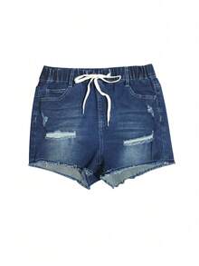 Women's Pocketed Distressed Elastic Drawstring Stretch Denim Shorts - Dark Wash - View 8