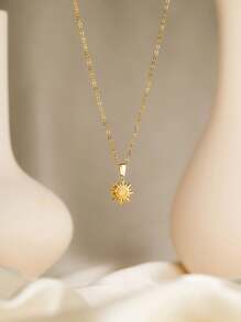 1 peça de colar de luxo em aço inoxidável banhado a ouro 18K com pingente de sol, sol, pedra branca incrustada, olho de tigre, hipoalergênico, adequado para namoradas, uso diário, deslocamento, atividades ao ar livre