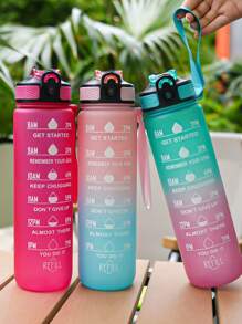 1pc 1000ml/32oz Gradient Color Plastic Cup, Outdoor Large Capacity Sports Water Bottle With Straw, Time Marker, Bounce Design, Leakproof Lock, Strap For Convenient Carrying, Suitable For Work, School, Outdoor Sports, Fitness, Hiking, Camping, Cycling, Holidays Gift