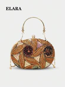 花卉亮片拼布椭圆形手拿包，适合晚会、派对、约会、购物，配有可拆卸链条肩带