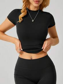 NcmRyu 1 Stück Damen nahtloses, elastisches, einfarbiges, modisches, vielseitiges, figurbetontes Sport-Kurzarm Top