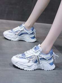 Zapatos de mujer. Tenis cómodos y transpirables con tacón de cuña antideslizante y resistente al desgaste, y suela gruesa. Superficie de malla transpirable, puntera redonda con cordones, antideslizante y resistente al desgaste. Ideales para correr, senderismo, baloncesto, fútbol, ​​voleibol y tenis. - Azul - Ver 2