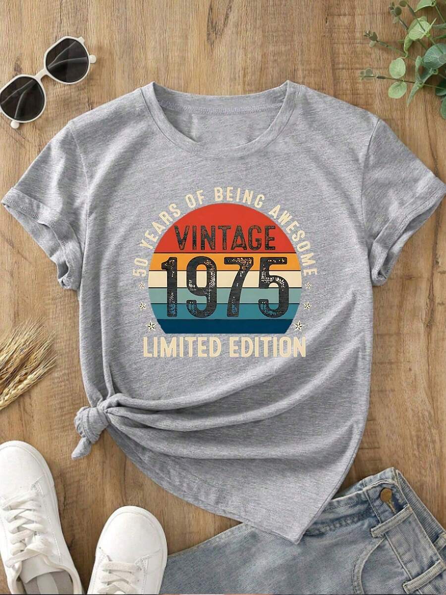 Vintage 1975 Printed Graphic T-Shirt For Women, Retro Casual Tee Showcasing 50 Years Of Charm - Light Grey - View 1