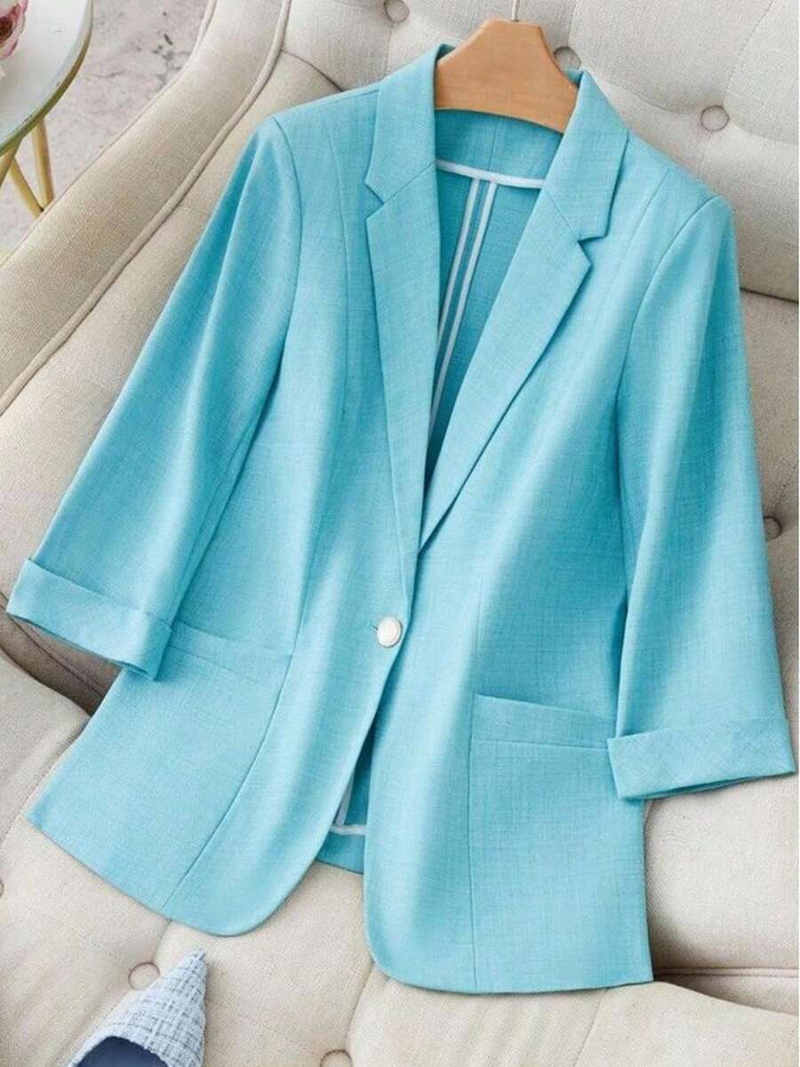 Women's Solid Color Woven Blazer, Commuter Versatile Jacket With Pockets & Buttons, Suitable For Work, Date, Party, Birthday, Travel, Spring/Autumn - Mint Green - View 1