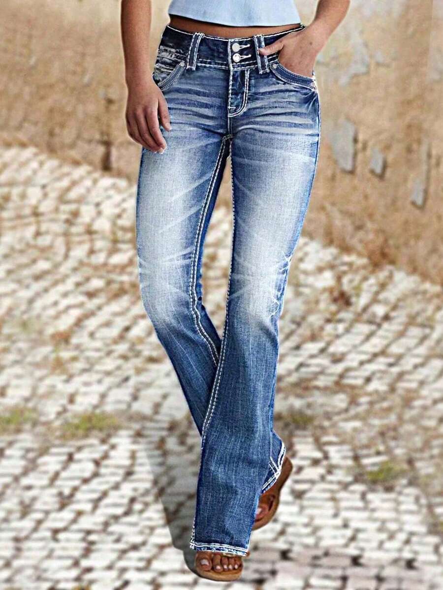 Women's Stretch Double Breasted Micro Flared Jeans, Soft Plain Denim, Classic Basic Style, Suitable For All Seasons, With Multiple Pockets Design Suitable For Outdoor Outfits, Cocktail Parties, Gatherings, Christmas, Nightclubs, Banquets, Film Festivals, Cinemas, Balls, Valentine's Day,Clothes,Valentine Outfits For Women,Cocktail Parties, Bars, Weddings,Valentine's Day,Clothes,Valentine Outfits For Women, Graduation Ceremonies, Homeships, Birthday Parties, Rebellious Girls, Festival-Themed Parties, Outdoor Outfits, Streetwear, Fashion Shows, Dates, Valentine's Day, Working Outside Universities, Schools, Villages, Concerts, Street Girls, Teenage Girls Country-Style Women's Clothing, The Best Women For Going Out, Ladies' Vacation Clothing, Country Concerts - 薄荷藍 - 查看 1