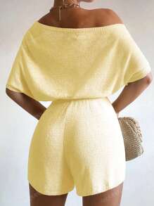 Women's Solid Color Round Neck Short Sleeve Waist Tie Knit Romper, Suitable For Daily Wear, Beach, Pool, Party, Outing, Dating, Music Festival, Home - Butter Yellow