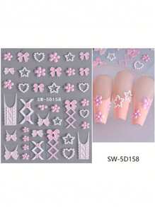 2 Pieces Of Spring And Summer Valentine's Day Pink Love Flower Bow Nail Art Stickers - Pink, White French Sweet Love, Flower And Bow Art Design, 5d Relief Craft, Suitable For Women's Disposable Self-Adhesive Back Adhesive Nail Stickers, Summer Valentine's Day Sweet Style Heart Flower Theme Style, Easy To Stick Nail Decoration Stickers