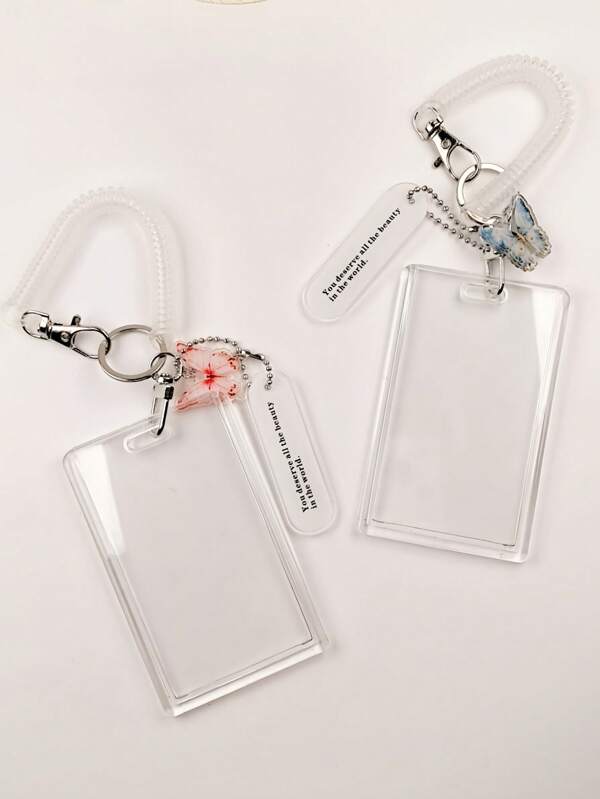 1pc Transparent Acrylic Summer Style Card Holder With Butterfly Pendant, Suitable For ID Cards, Metro Cards, Student Cards, HP Photo Paper, With Spring Key Ring Pendant,School Supplies,Back To School