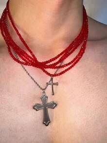 1pc 5-Layer Cross Necklace With Glass Crystal Suitable For Daily Wear, Unisex - Red - View 12
