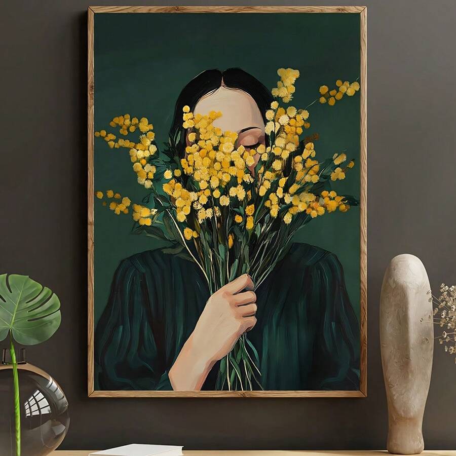1幅绿色抽象阅读女性艺术版画，现代条纹帆布海报，无框极简主义墙面艺术，适合装饰客厅、卧室、厨房、办公室和咖啡馆，是咖啡爱好者的理想礼物，也可用于咖啡馆、酒吧、房间、家居、卧室、浴室装饰，帆布墙面艺术，油画，带框墙面艺术