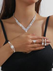 Conjunto de 5 peças de colar, brincos e pulseira geométrica de zircônia cúbica de luxo | Presente de casamento, viagens diárias, festas e feriados | Joias versáteis de alta qualidade