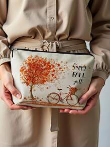 1pc Autumn Pumpkin Maple Leaf Tree Alphabet Linen Print Cosmetic Bag, Cute Travel Makeup Case And Multi-Function Coin Purse, Lightweight Gift Essential For Women