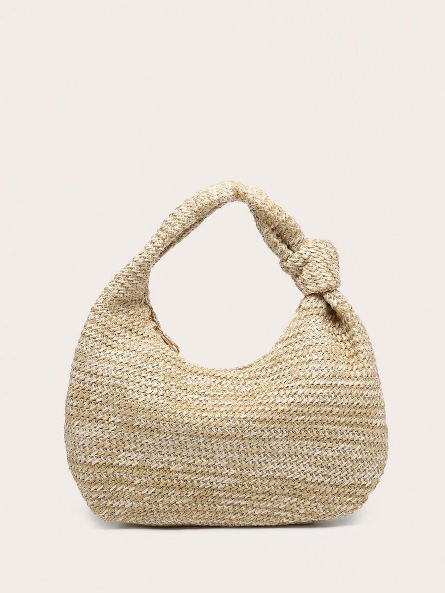 Travachic Bolso de mano en forma de media luna de unicolor, versátil y de moda, con asa única anudada, adecuado para llevar debajo del brazo y para viajar. - Albaricoque - Ver 1