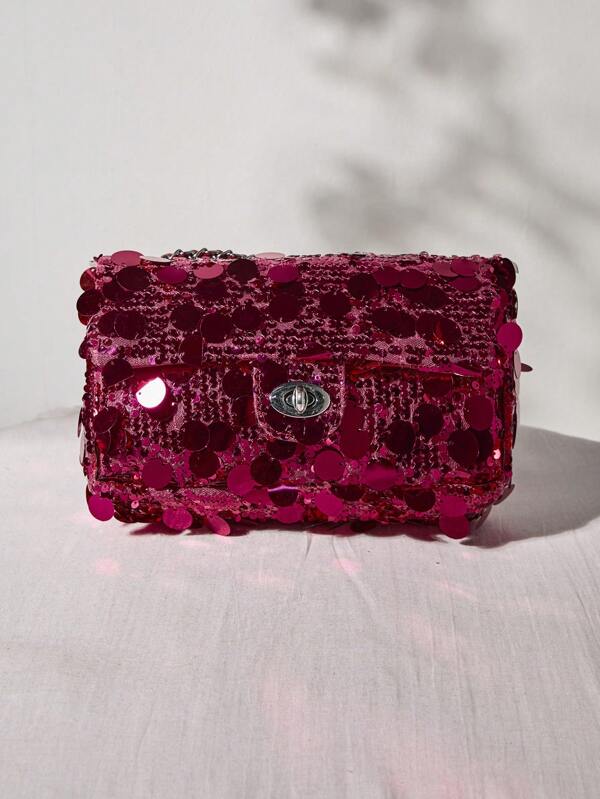 Geantă mică crossbody acoperită cu sclipici și curea de umăr cu lanț reglabil, model Valentine's