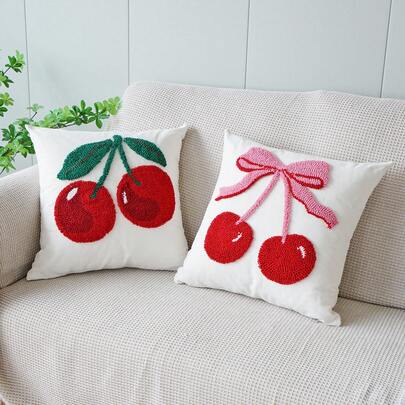 1pc Cherry Embroidery Velvet Decorative Pillow Cover, Ins Style Velvet Pillow Covers For Bedroom, Sofa, Office, Living Room, Window Seat Cushion