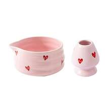 2 件套日式抹茶套装，粉色心形陶瓷抹茶碗（带壶嘴）和抹茶搅拌器架套装，日式抹茶茶具，拿铁和抹茶茶道，抹茶爱好者返校节和生日礼物 - 彩色 - 查看 13