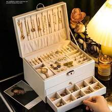 1 件豪华钻石形收纳盒，多层可锁珠宝盒，双层抽屉式 PU 皮革珠宝盒，可锁戒指、耳环、手镯，优雅可锁双层珠宝盒 - 耳环和戒指管理器，便携式耐用礼品解决方案，送给精致朋友的节日礼物 - 彩色 - 查看 5