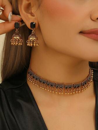 3 st/set vintage smyckeset med strass, traditionellt accessoar, inkluderar pärlhalsband och örhängen med tofsar, lämplig för kvinnors vardag, festival, bröllop och festkläder/smyckespresent
