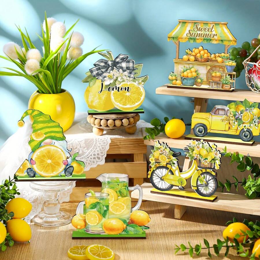 6pcs Wooden Lemon Sign Decorations, Rustic Wood Plaques Summer Decor For Table, Party, Kitchen (Lemon)