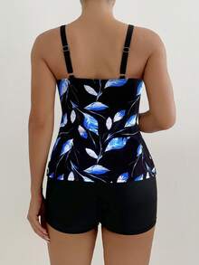 Floral Print Spaghetti Strap Backless Tankini Swimsuit Set, Casual Sexy Beach Outfit, Medium Stretch - Black - View 5