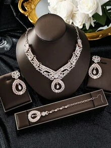 Juego de joyería de 4 piezas, lujoso y elegante, con cristales, que incluye aretes, collar, accesorio para el cabello, adecuado para novia de Dubái, fiesta de boda - conjunto de joyas - Ver 9