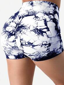 Quần short tập thể dục nhuộm loang cho nữ, quần short tập yoga cạp cao nâng mông liền mạch, đồ thể thao cho nữ - Màu xanh lam - Xem 5
