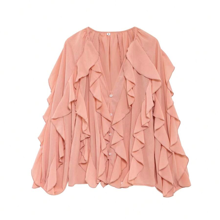 HH 2025 春季女款优雅V领衬衫单排扣女式长袖层叠装饰纯色衬衫