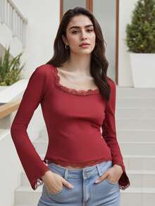 Y2k Flare Long Sleeve Crop Tops For Women Lace Trim Square Neck Low Cut Stretchy Blouses Slim Fit T Shirt Going Out Tops Party Clubwear Streetwear Spring Summer Fall Aesthetic Clothes - 紅色 - 查看 6