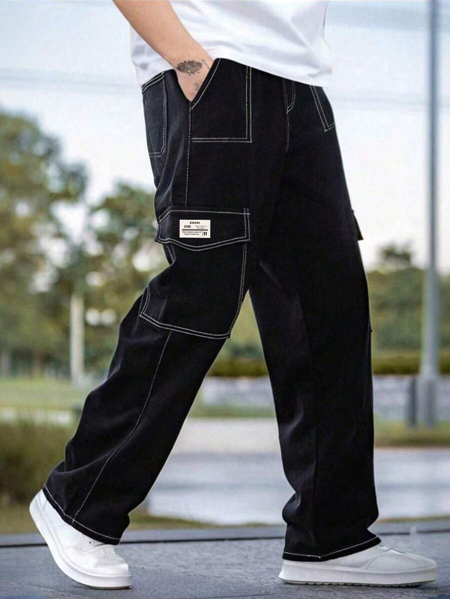 1 件男士加大码春秋多口袋工装裤，休闲通勤户外百搭长裤，秋季 - 黑色 - 查看 1